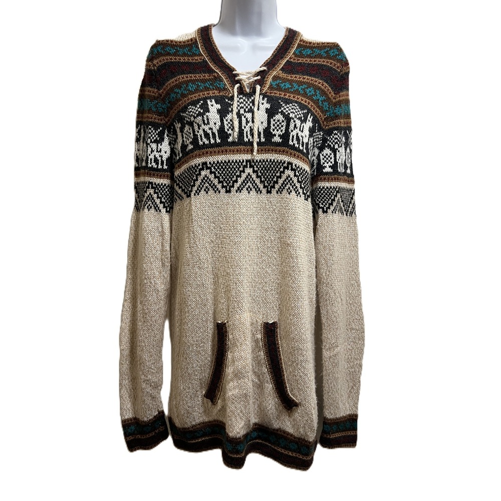 Peruvian Alpaca Wool Blend Llama Fair Isle Lace Up Hoodie Sweater Beige/Brown M